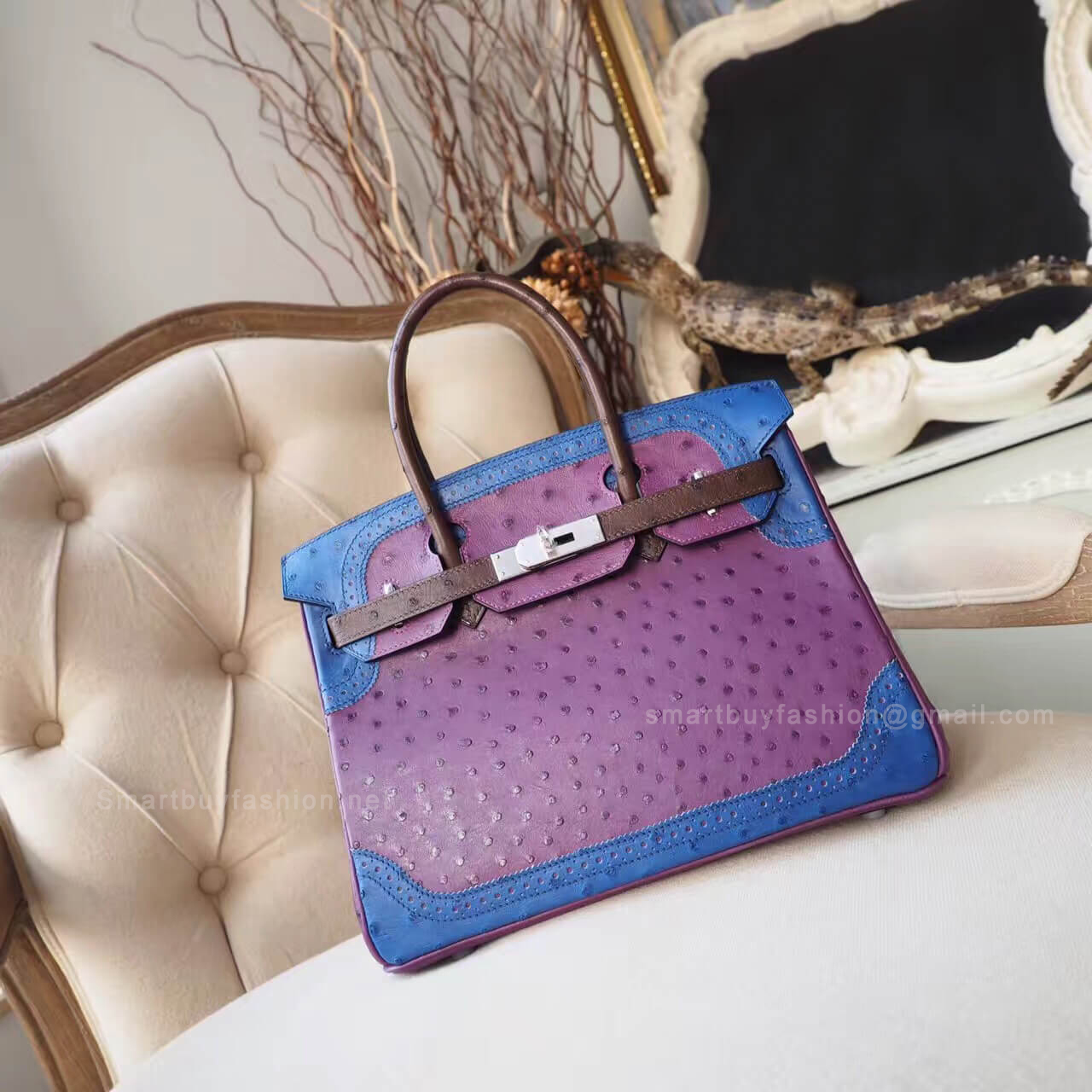 Hermes Birkin 35 Bag Ghillies in Tricolored 5c Violet Ostrich PHW
